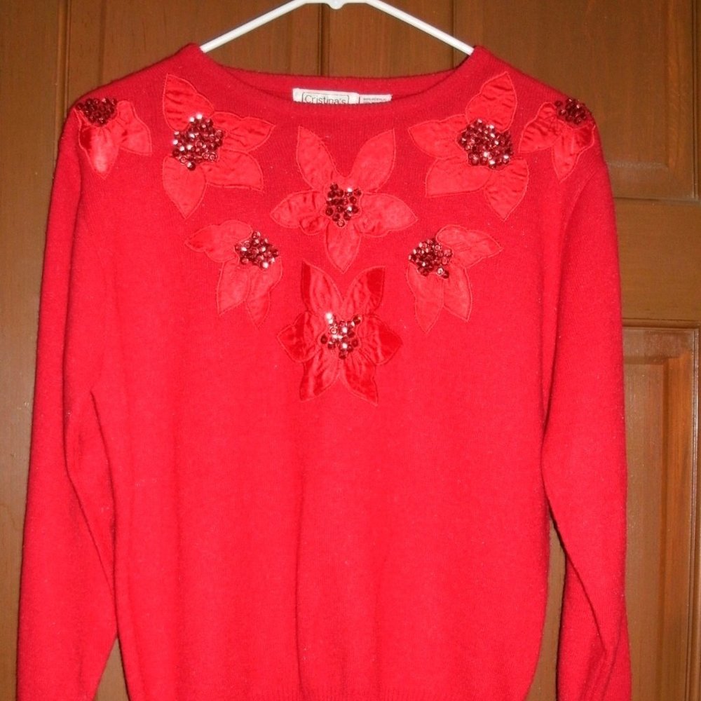 Vintage 80s Sweater Red Embellished Sequins Christmas Poinsettias Holiday